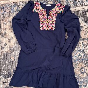 Navy Long Sleeve Dress with Multicolor Embroidered Yoke